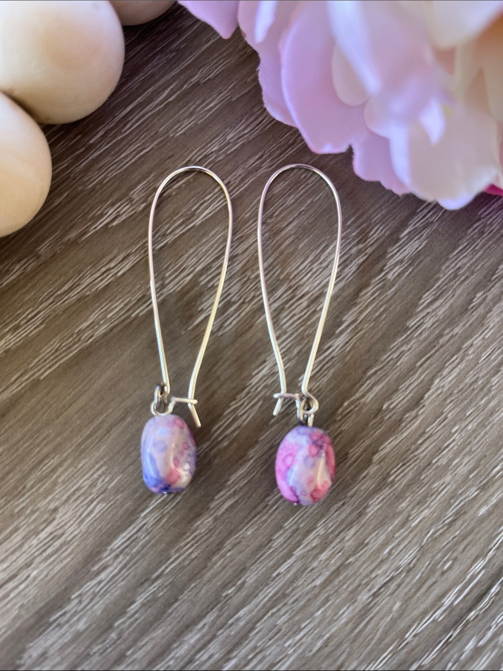 Pink & Purple Glass Drop Earrings with Silver Hooks